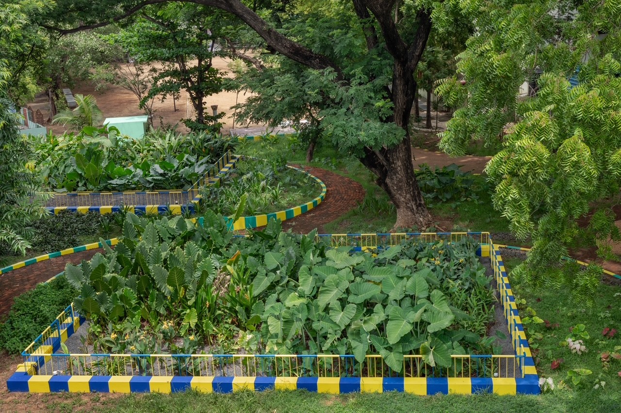Groene tuin met kronkelend bakstenen pad, omringd door struiken en omheind met gele en blauwe stenen.