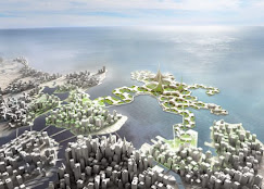 Bird's eye view from land out to sea with a futuristic floating city off the coast