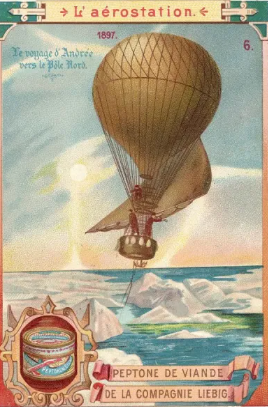 Illustration of a vintage hot air balloon flying over icy polar seas, with explorers in a gondola above floating icebergs and a glowing sky in the background.