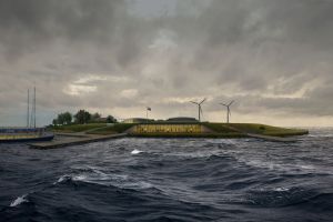 Modern gebouw met windturbines op een eiland in woelige zee, met boot en aanlegsteiger.