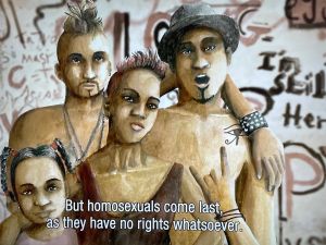 Groep mensen met tatoeages en punkkapsels, tekst op de achtergrond: "But homosexuals come last, as they have no rights whatsoever."