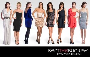 Acht vrouwen in feestelijke jurken poseren; RENTTHE.RUNWAY love. wear. return.