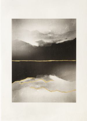 Abstract landschap met bergen, water en gouden lijnen.