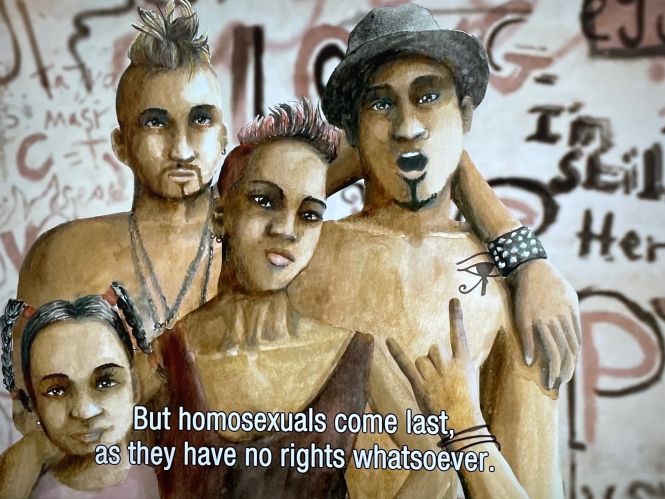 Groep mensen met tatoeages en punkkapsels, tekst op de achtergrond: "But homosexuals come last, as they have no rights whatsoever."