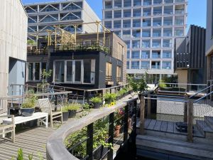Buiten terras met planten en meubels, op de achtergrond moderne gebouwen.