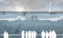Watersporters op golven boven onderwaterwereld met duikers, met toeschouwers.