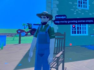 Boer met blauwe overall en strohoed, kijkt naar tekstballon "Help me by growing some crops".