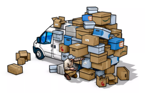 Bezorgbus vol dozen, bestuurder noteert inhoud. Tekst: eBay, Amazon, FL.