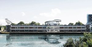Modern gebouw aan water, met stalen vogelsculptuur en spiraalvormige toren.