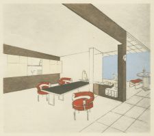 Eetkamer met tafel, rode stoelen en witte kasten, geschetst in perspectief met blauwe muur.