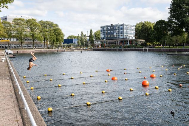 Jonge man maakt salto van kade in zwemmeer, omringd door gele en oranje boeien, gebouwen en bomen op achtergrond.