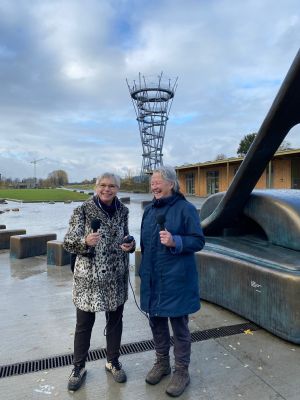 Groot metalen beeld in stadspark, met mensen en uitkijktoren op bewolkte dag.