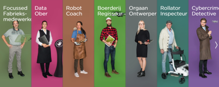 Diverse professionals: fabriekswerker, Data Ober, Robot Coach, boerderijregisseur, ontwerper, inspecteur met rollator, cybercrime detective.