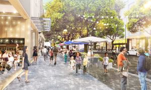 Levendige straatmarkt met mensen, tafels, kraampjes en de tekst "GROCER".
