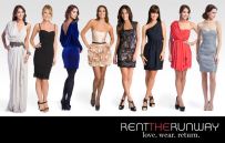 Acht vrouwen in feestelijke jurken poseren; RENTTHE.RUNWAY love. wear. return.