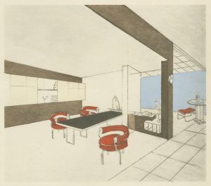 Eetkamer met tafel, rode stoelen en witte kasten, geschetst in perspectief met blauwe muur.