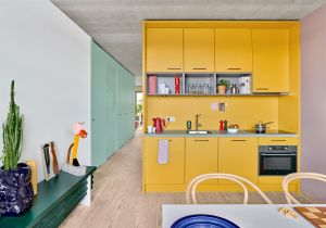 Gele keuken met groene deuren en cactus op groene kast.