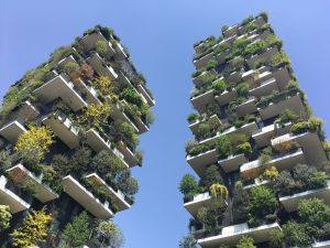 Twee wolkenkrabbers begroeid met bomen en planten, tegen een blauwe hemel.