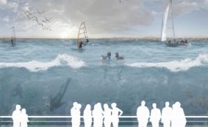 Watersporters op golven boven onderwaterwereld met duikers, met toeschouwers.