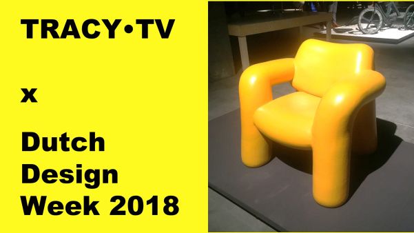 Gele, opblaasbare stoel bij TRACY•TV x Dutch Design Week 2018.