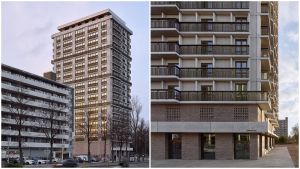 Appartementencomplex met betonnen gevels en balkons. "Opportuna" staat op een gevel.