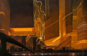 Futuristische stad met hoge gebouwen en bliksem, geschilderd in oranje tinten.